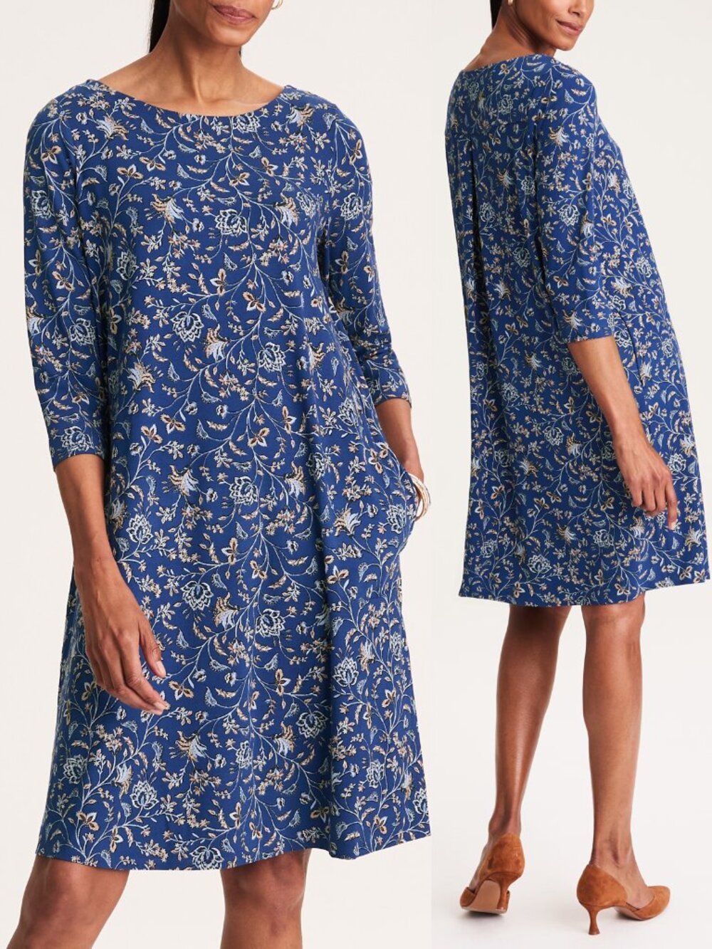 J. Jill Wearever Collection Knit Pleat-Back Dress M $99 Blue Diamond Floral Boho